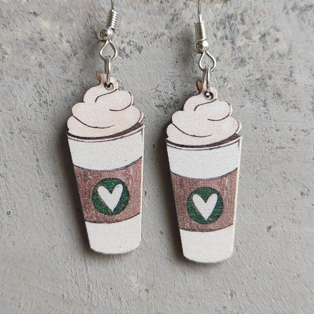 Ivory & Brown Coffee Lover Starbucks Latte Drink Wooden Dangle Earrings NEW - Picture 5 of 5